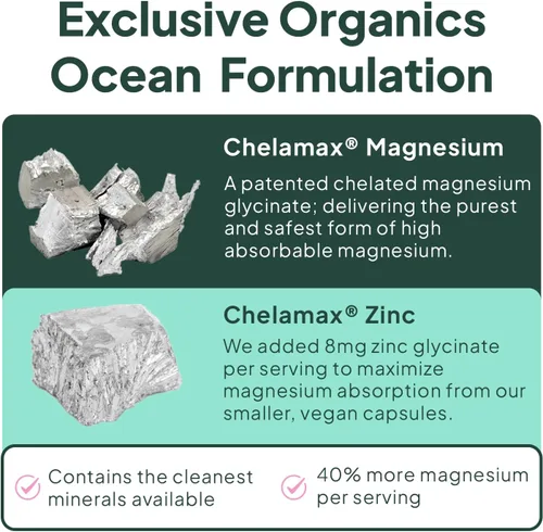 Vista 5 de Organics Ocean Glicinato de Magnesio Puro con Zinc - Suplemento de Magnesio Quelado de Máxima Potencia para Mujeres y Hombres para Calambres