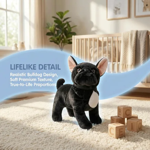 Vista 4 de Juguete de peluche de bulldog negro, realista de 13 pulgadas, animal de peluche de perro Bulldog negro, lindo juguete de peluche para cachorros