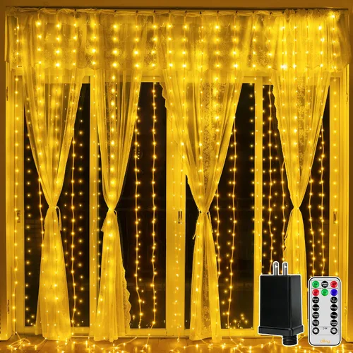 Vista 13 de Ollny Luces de Cortina 300LED 9.8ftx9.8ft, Conectables IP67 Impermeables para Exteriores con Control Remoto, Luces de Hadas Enchufables Sin Enredos