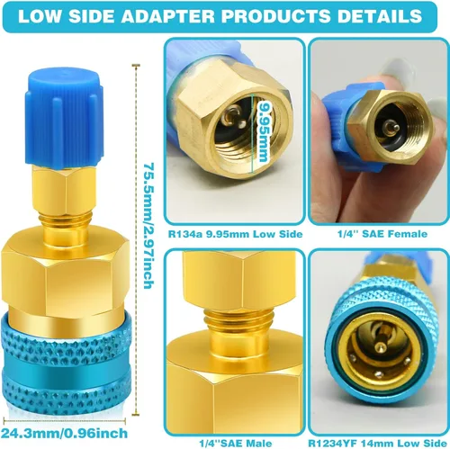 Vista 3 de 2 adaptadores R1234yf a R134a, kit de acopladores rápidos, kit de recarga de refrigerante R1234yf, adaptadores de lado alto/bajo R134a a R1234yf