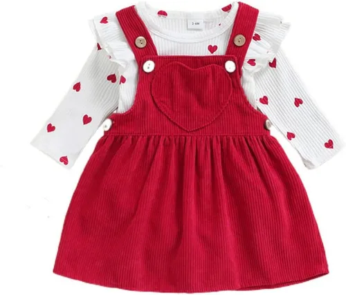 Vista 8 de My First Valentine's Day - Conjunto de ropa para bebé niña con volantes, manga larga, estampado de corazón, falda con tirantes