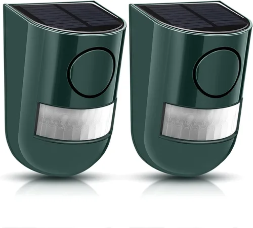 Vista 9 de Qualirey Alarma solar de sonido y luz, sensor de movimiento, sirena de seguridad para exteriores, 129 db, detector activado impermeable, alarma