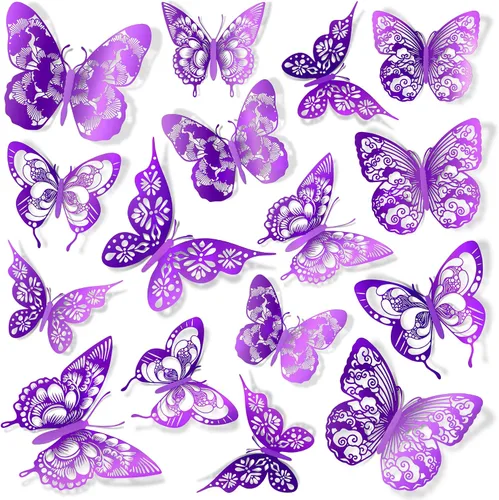 Vista 10 de Amaonm - Decoración de pared de mariposa 3D, 60 unidades, 5 estilos, 3 tamaños, mariposas, removibles, para bricolaje, huecas, de PVC, para niños