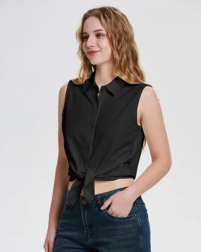 Vista 4 de YAMANMAN Camisas sin mangas con botones para mujer, blusa clásica con cuello en V