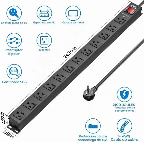 Vista 2 de CRST Regleta de alimentación larga de metal de 12 salidas, Protector contra sobretensiones resistente montable, 2100J, espaciado amplio, cable de 6
