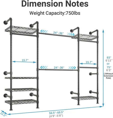 Vista 4 de Timate F3 - Perchero de pared mediano ampliable, perchero industrial para colgar ropa, perchero resistente con estantes, sistema de armario de pared