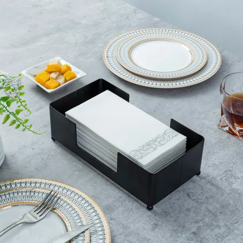 Vista 4 de MyGift Soporte moderno para toallas de papel plegadas de metal negro mate para baño comercial y de invitados, encimera de fregadero o mesa