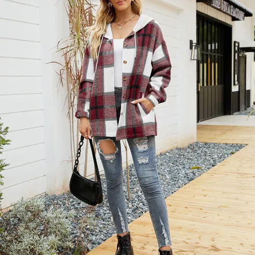 Vista 3 de Ainangua Chaqueta casual con capucha para mujer de gran tamaño de franela a cuadros mezcla de lana con botones color rojo talla L Rojo