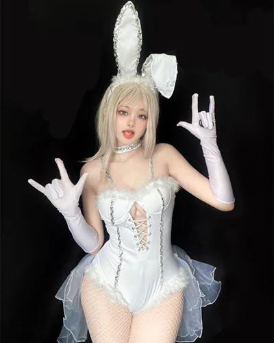 Vista 2 de Mobbunny Body de cosplay de conejito de novia de Halloween con guantes, diadema y gargantilla de conejito
