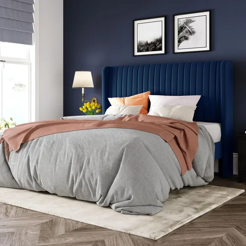 Vista 14 de Allewie - Base de cama tamaño Full con cabecera tapizada en terciopelo y diseño acanalado vertical; plataforma de cama tapizada; listones de madera