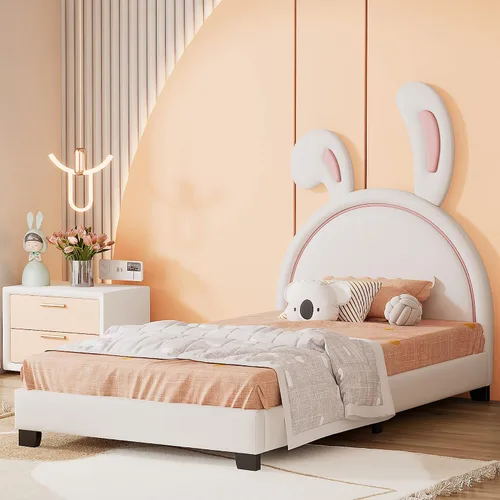 Vista 12 de Cama de plataforma, base de cama tapizada de cuero con cabecera de adorno de conejo, ideal para el dormitorio o apartamento de un niño