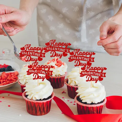 Vista 7 de Rsstarxi Paquete de 24 adornos para cupcakes para el día de San Valentín, con purpurina roja, dulce amor, para cupcakes, decoración de San Valentín
