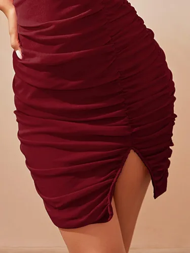 Vista 5 de ZAFUL Vestido ajustado con tirantes delgados fruncidos para mujer cuello en V profundo sin mangas con abertura mini vestido de fiesta