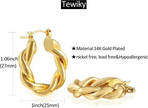 Vista 93 de Aretes de aro gruesos de oro para mujer, chapados en oro de 14 quilates, aretes de aro triple, hipoalergénicos, a la moda, aretes de aro gruesos