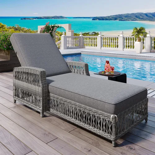 Vista 27 de Tumbona reclinable para patio al aire libre con respaldo ajustable de 5 posiciones y mesa auxiliar de madera, silla lounge para todo tipo de clima