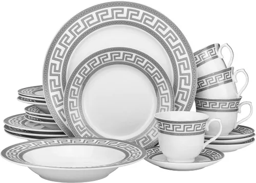 Vista 9 de Juego de vajilla para 4 personas – Juego de vajilla de porcelana fina plateada sobre blanco de 20 piezas para todos los días y ocasiones formales