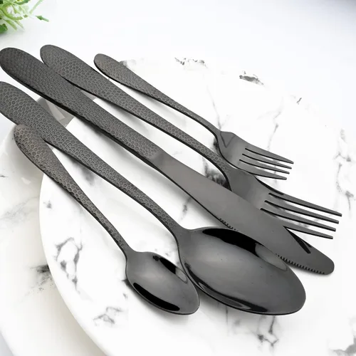 Vista 2 de Juego de cubiertos de acero inoxidable 18/10 de 5 piezas, cuchillo de cocina negro, tenedor, cuchara, vajilla para fiesta, cena, cubiertos, servicio