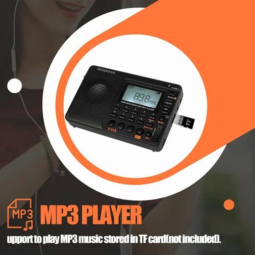 Vista 6 de Retekess Radio de onda corta V115, Radio Digital AM FM, receptor de onda corta con batería recargable de 1000 mAh, preajustes, reproducción