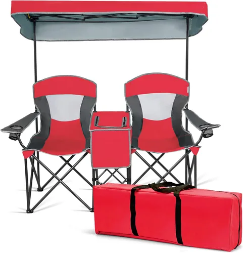Vista 8 de DORTALA Silla de camping doble con toldo, silla de playa plegable para 2 personas con toldo para dosel, soporte para bebidas y bolsa de Azul