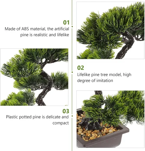Vista 4 de Árbol de pino bonsái artificial, simulación de imitación de planta en maceta, exhibición de escritorio, adornos de maceta de árbol falso, planta