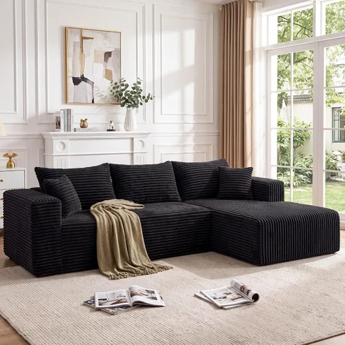 Vista 8 de Sofá modular en forma de L para sala de estar, sofá modular sin huesos con diván, sofá de pana con asiento profundo, no requiere montaje, negro