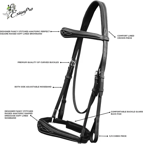 Vista 4 de Exion Dressage Brid: forro suave, forma anatómica y costuras de diseñador en banda de cejas y banda nasal viene con riendas de tela equipadas con un