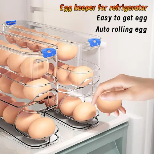 Vista 2 de Recipiente para huevos para refrigerador transparente apilable para almacenamiento y organización de cocina (marrón oscuro, 3 niveles)
