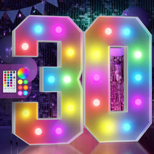 Vista 94 de Imprsv Letras coloridas de marquesina de 3 pies y letras grandes iluminadas RGB con control remoto, decoraciones de fiesta de cumpleaños Carta