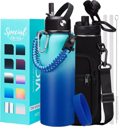 Vista 44 de Botellas de agua de 32 onzas aisladas con pajita y tapa para beber de un sorbo, asa de paracord, bolsa de transporte con correa, termo de triple