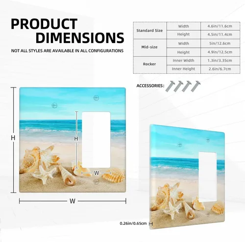 Vista 5 de Cubierta para interruptor de luz, diseño de conchas marinas en la playa, placas de pared de 2 bandas, 1 paquete