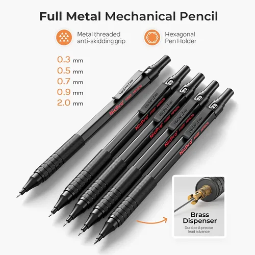 Vista 2 de Nicpro Black Art - Juego de 5 lápices de dibujo de metal de 0.3, 0.5, 0.7, 0.035 in y 0.079 in, soporte de plomo de grafito para dibujar y dibujar