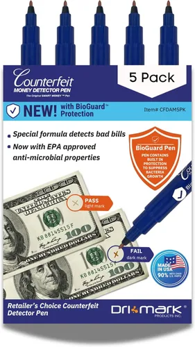 Vista 10 de Dri Mark CFD5PK - Marcador detector de billetes falsificados, fabricado en los Estados Unidos, 3 veces más tinta, tamaño de bolsillo, verificador
