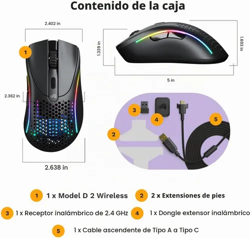 Vista 8 de Glorious Gaming - Mouse ergonómico inalámbrico modelo D 2, superligero 2.33 oz, hasta 210 horas de duración de la batería, sensor óptico de 26 K, 6