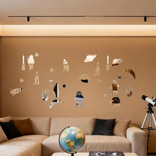 Vista 6 de 14 calcomanías de pared de espejo de cohete espacial de astronauta, calcomanías de pared de planeta del espacio exterior, decoración de dormitorio