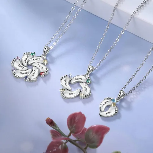 Vista 7 de Collar personalizado con nombre de pies de bebé para madre y mamá con 1 a 6 nombres, piedras natales, collar con colgante de pies de bebé
