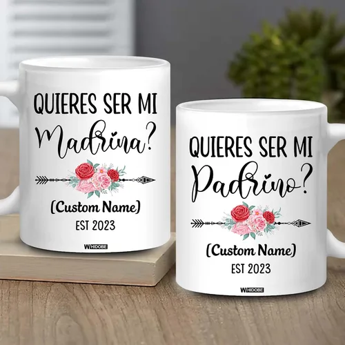 Vista 2 de WHIDOBE Personalizado Quieres Ser Mi Madrina, Padrino De Bautizo, Bautizo Recuerdos Juego De 2 Tazas 2023, Propuesta de Padrinos de Dios, Quieren