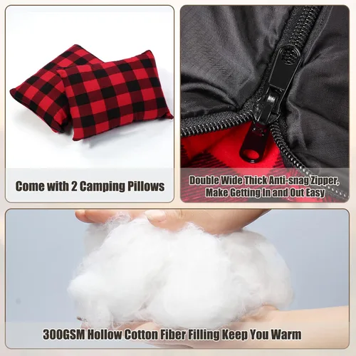 Vista 3 de Saco de dormir doble de franela para adultos y niños, tamaño Queen para 2 personas con 2 almohadas, saco de dormir para clima cálido y frío