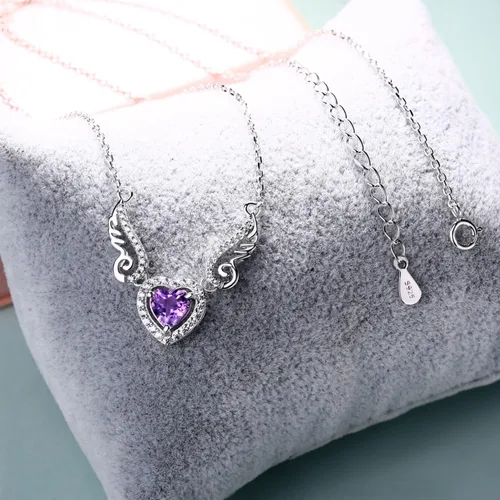 Vista 4 de HXZZ Fine Jewelry - Collar con colgante de plata de ley 925, piedra preciosa natural, topacio azul suizo, amatista, peridoto, amor, corazón, alas