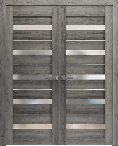 Vista 7 de Puertas dobles francesas macizas interiores de 36 x 80 pulgadas Quadro 4445 roble coñac con vidrio esmerilado Moldes de marco de panel sólido