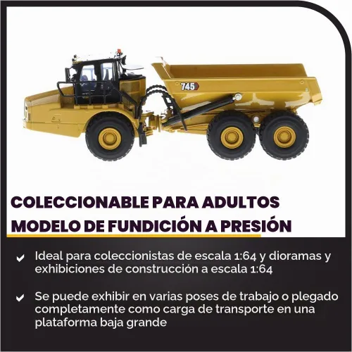 Vista 3 de Diecast Masters 1:64 Cat 745 Camión articulado, 6.75 x 2.75 x 2.5 in, Metal y plástico, amarillo