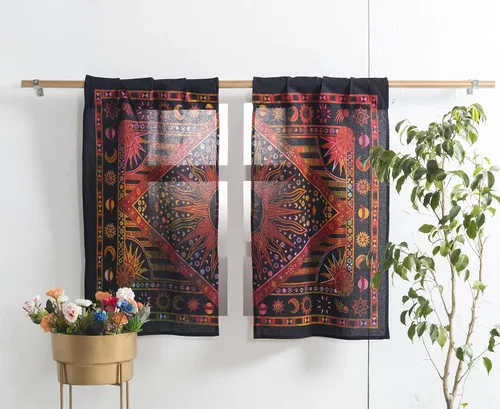 Vista 12 de Popular Handicrafts – Cortinas de ventana con diseño de mandala hippie indio, estilo bohemio, sol ardiente, luna gitana, hermosas cortinas