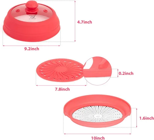 Vista 3 de Funda de silicona plegable para microondas, tapa de salpicaduras multifunción ventilada con plato de vidrio para cocinar alimentos y tocino, apto