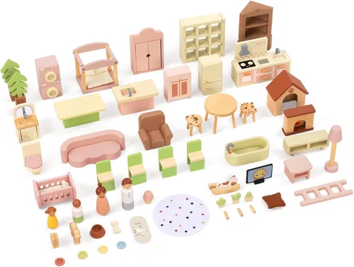 Vista 9 de OOOK Casa de muñecas de madera con 60 accesorios de muebles de lujo, incluyendo 4 muñecas y 2 mascotas, casa grande de muñecas de 3 pisos con 6