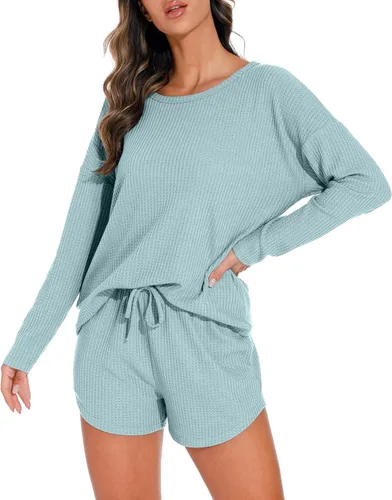 Vista 2 de PrinStory Conjunto de pijama para mujer, conjunto de 2 piezas de punto gofre, conjunto de ropa de descanso con bolsillos
