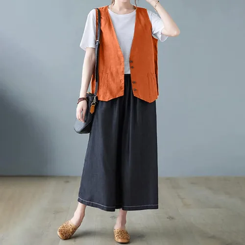 Vista 12 de COTECRAM Chaleco de lino de algodón para mujer, casual, sin mangas, con botones, ligero, para verano, holgado, ropa de abrigo
