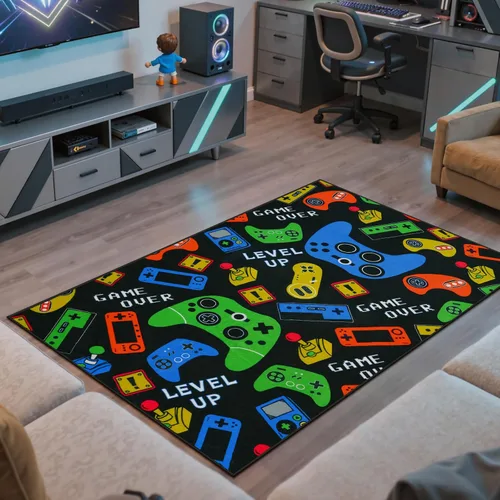 Vista 8 de STARUIA Alfombra negra con video gamer para habitación de niños, pequeña alfombra lavable de 3 x 5 pies para dormitorio de niños, alfombra suave