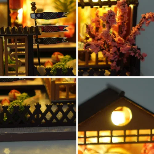 Vista 4 de Casa de muñecas de madera en miniatura japonesa/mar/mercado de casas de coches, kit de casa de muñecas, construcción de villas, modelo 3D, regalos
