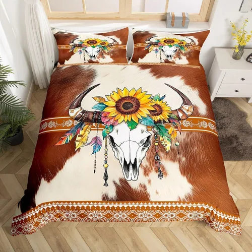 Vista 16 de Erosebridal Funda de edredón de piel de vaca marrón con estampado de vaca de las tierras altas, juego de ropa de cama occidental exótico azteca