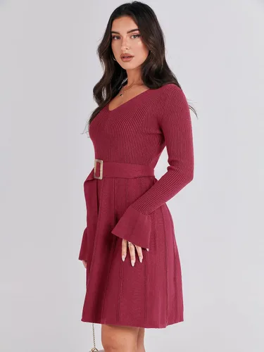 Vista 8 de ANRABESS Vestido tipo suéter de manga larga con cuello en V y lazo en la cintura, plisado, acampanado, elegante, de punto acanalado, vestido midi