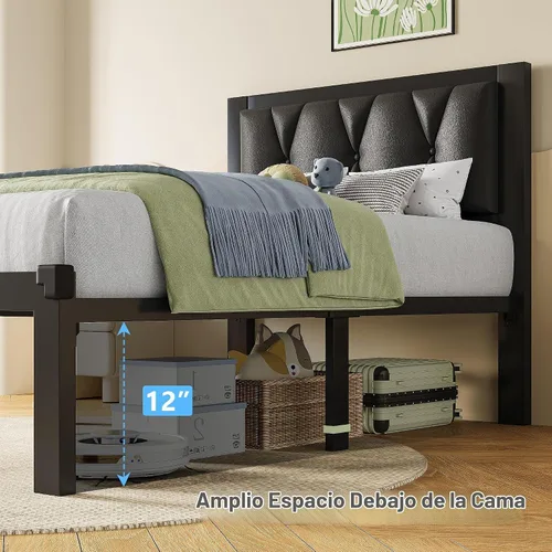 Vista 5 de GalnFu Marcos de Cama de Metal Twin, Marco de Cama de Plataforma Tapizado con Cabecera de Cuero Sintético con Botones Capitoné, No Se Necesita